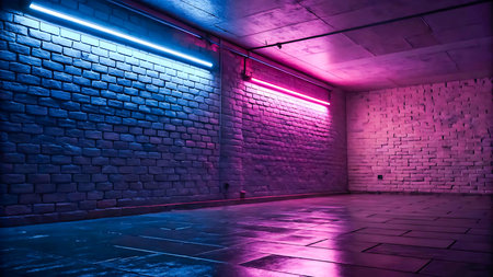 An empty interior room with brick walls illuminated by contrasting pink and blue neon lights casting reflections on the floor.の素材
