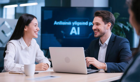 Two smiling business people in a modern office discussing a laptop meeting discussionの素材