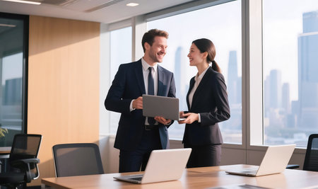 Smiling man and woman in business suits discussing laptop in office meeting discussionの素材