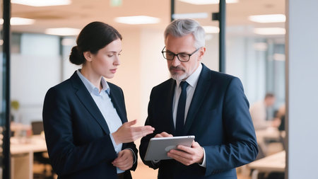 Two business people in dark suits discussing a tablet in an office discussion meetingの素材