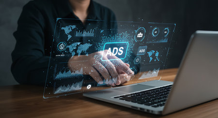 A person's hands interact with a glowing blue holographic interface displaying ads and data above a laptop.の素材