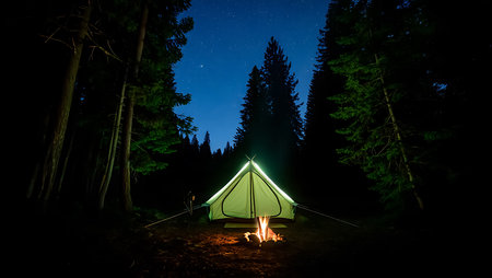 A green tent glows with internal light next to a bright campfire in a dark forest at night.の素材