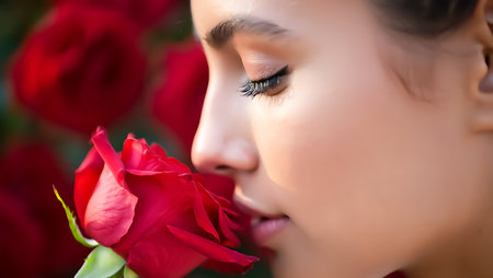 Close-up profile of a woman's face smelling a red rose, with blurred red roses in the background.の素材