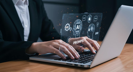Person typing on laptop with A I interface and prompts AI artificial intelligence technologyの素材