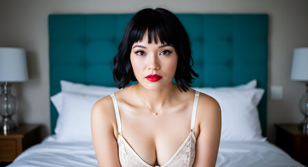 Woman with red lipstick and black bob haircut in a white lace bra sits on a bed with a teal headboard.の素材