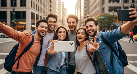 Six young adults smile and laugh while taking a selfie with a smartphone on a city street. Buildings line the background.の素材