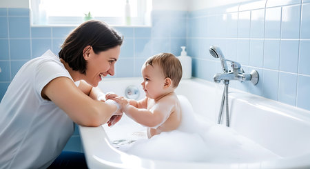 A mother smiles at her baby in a white bathtub filled with white foam and water. Blue tiles line the bathroom wall.の素材