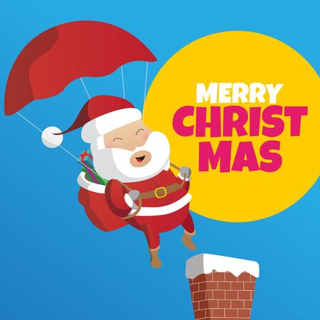 Santa with parachute jump into chimney with giftsのイラスト素材