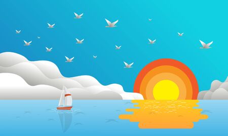 New Year background with sunrise, cloud and seagullのイラスト素材