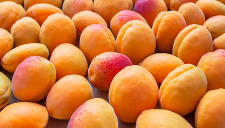Ripe apricots on the counter of the store. Fruit background.の写真素材