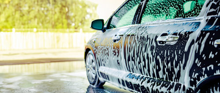 Car wash with foam and soap. Showering car in the car wash.の写真素材