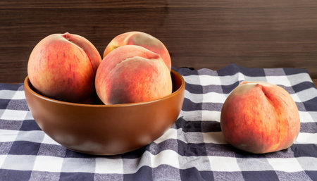 Ripe peaches in a clay bowl on a wooden background.の写真素材