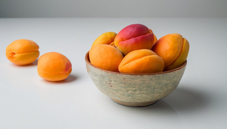 Ripe apricots in a bowl on a white background.の写真素材