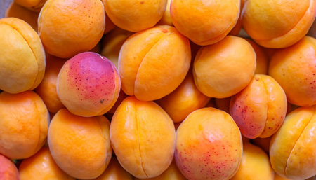 Ripe apricots as a background, closeup of photoの写真素材