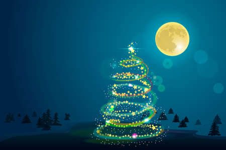 Winter background with Christmas tree and moonのイラスト素材