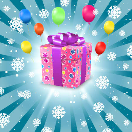 Holiday background with snowflakes, gift box and balloons.Vector illustrationのイラスト素材