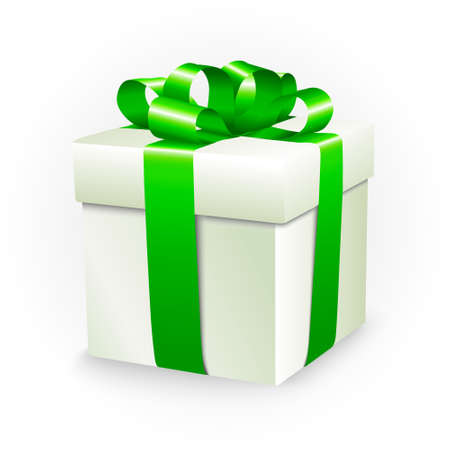 White gift box with green ribbon bowのイラスト素材