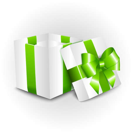 Opened white gift box with green ribbon bow. Vector Illustrationのイラスト素材