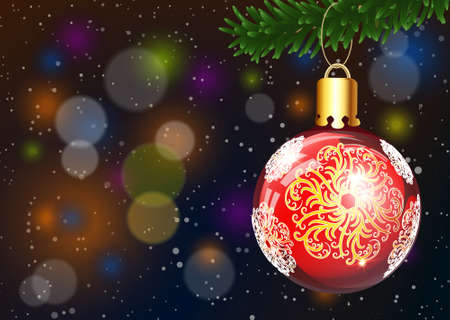 Christmas and Happy New Year background with spruce branch and christmas ball Vector Illustrationのイラスト素材