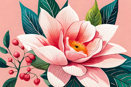 Anemony Flower with leaves and berries. Hand drawn vector illustration.のイラスト素材