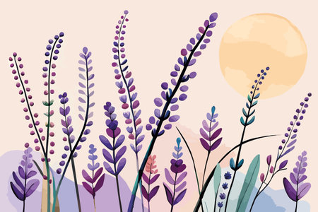 Vector illustration of lavender flowers on a background of the full moonのイラスト素材