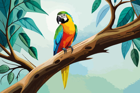 Parrot sitting on a branch in the jungle. Vector illustration.のイラスト素材