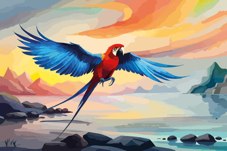 Beautiful macaw bird flying on the beach. Vector illustration.のイラスト素材