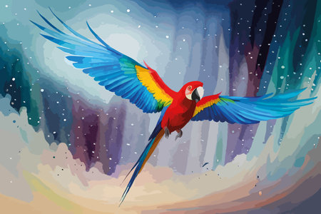 Beautiful macaw flying in the night sky. Vector illustration.のイラスト素材