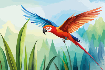 beautiful macaw bird flying in the forest vector illustration graphic designのイラスト素材