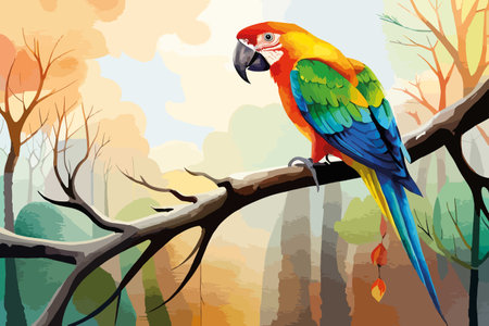 Parrot sitting on a branch in the forest. Vector illustration.のイラスト素材