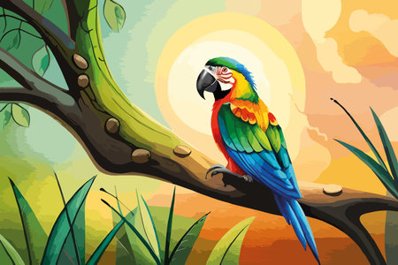 Parrot sitting on a branch in the jungle at sunset illustration.のイラスト素材