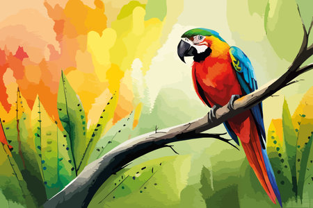 Parrot sitting on a branch. Colorful background. Vector illustration.のイラスト素材