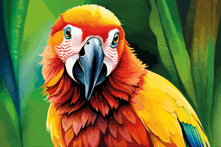 Parrot on the background of a tropical jungle. Vector illustration.のイラスト素材