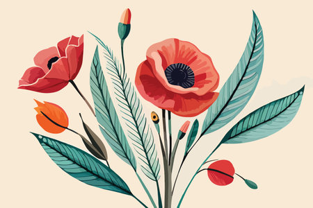 Vector illustration of a bouquet of red poppies and leavesのイラスト素材