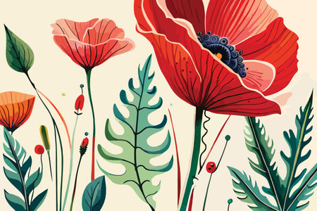 Vector illustration of red poppies with green leaves and flowers.のイラスト素材
