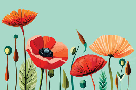 Red poppies and green leaves on blue background. Vector illustration.のイラスト素材