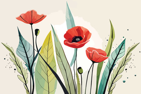 Red poppies with green leaves. Vector illustration for your designのイラスト素材