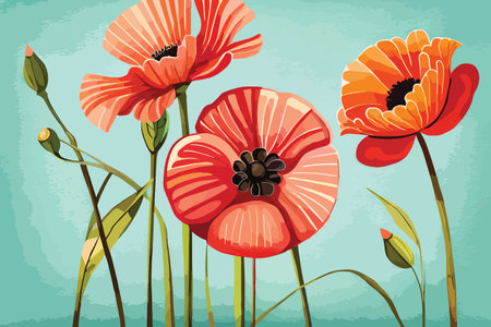 Red poppies on a blue background. Vector illustration for designのイラスト素材