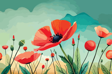 Poppies in the field. Vector illustration of a floral background.のイラスト素材