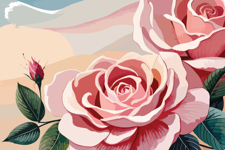 Vector background with pink roses and leaves. Hand drawn floral illustration.の写真素材