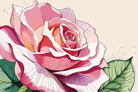 Illustration of a pink rose on a beige background with leavesのイラスト素材
