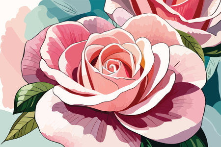 Vector illustration of beautiful pink and white rose flower with green leaves.のイラスト素材