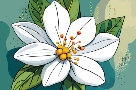 Illustration of a white flower on a green background with leaves.のイラスト素材