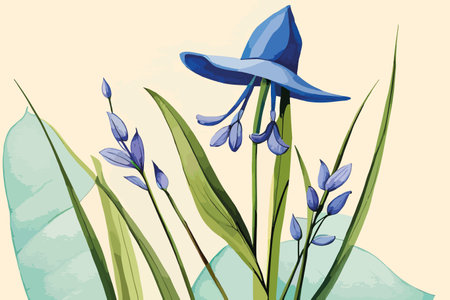Blue bluebell flowers and blue hat on beige background, vector illustrationのイラスト素材