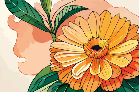 Hand drawn vector illustration of an orange gerbera with leaves.のイラスト素材