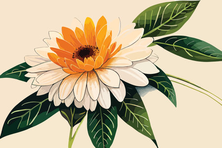 Illustration of a Calendula with leaves on a beige backgroundのイラスト素材