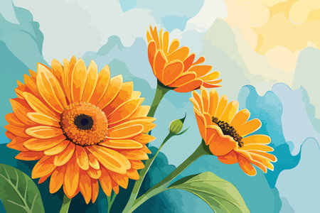 Two orange Calendula flowers on blue watercolor background. Vector illustration.のイラスト素材