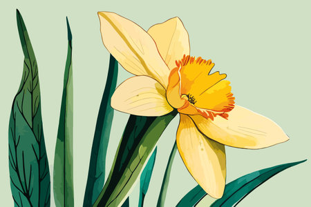 Yellow daffodil on a green background. Vector illustration.のイラスト素材