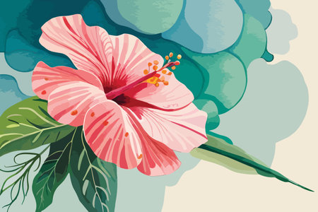 Hibiscus flower with leaves and watercolor spots. Vector illustration.のイラスト素材