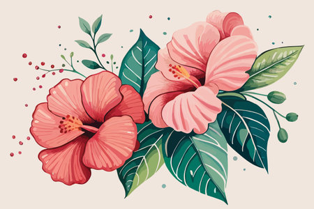 Beautiful pink hibiscus flowers with green leaves. Vector illustration.のイラスト素材